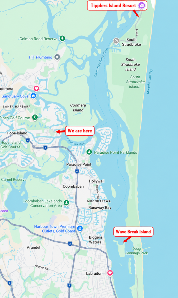 Map showing Gold Coast BBQ Boat Hire cruising grounds from Wave Break Island to Tipplers Island Resort