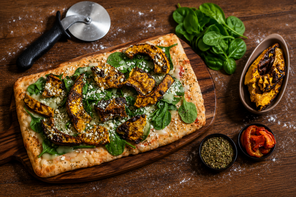 Spinach, fetta and roast pumpkin gourmet pizza available with pizza oven hire